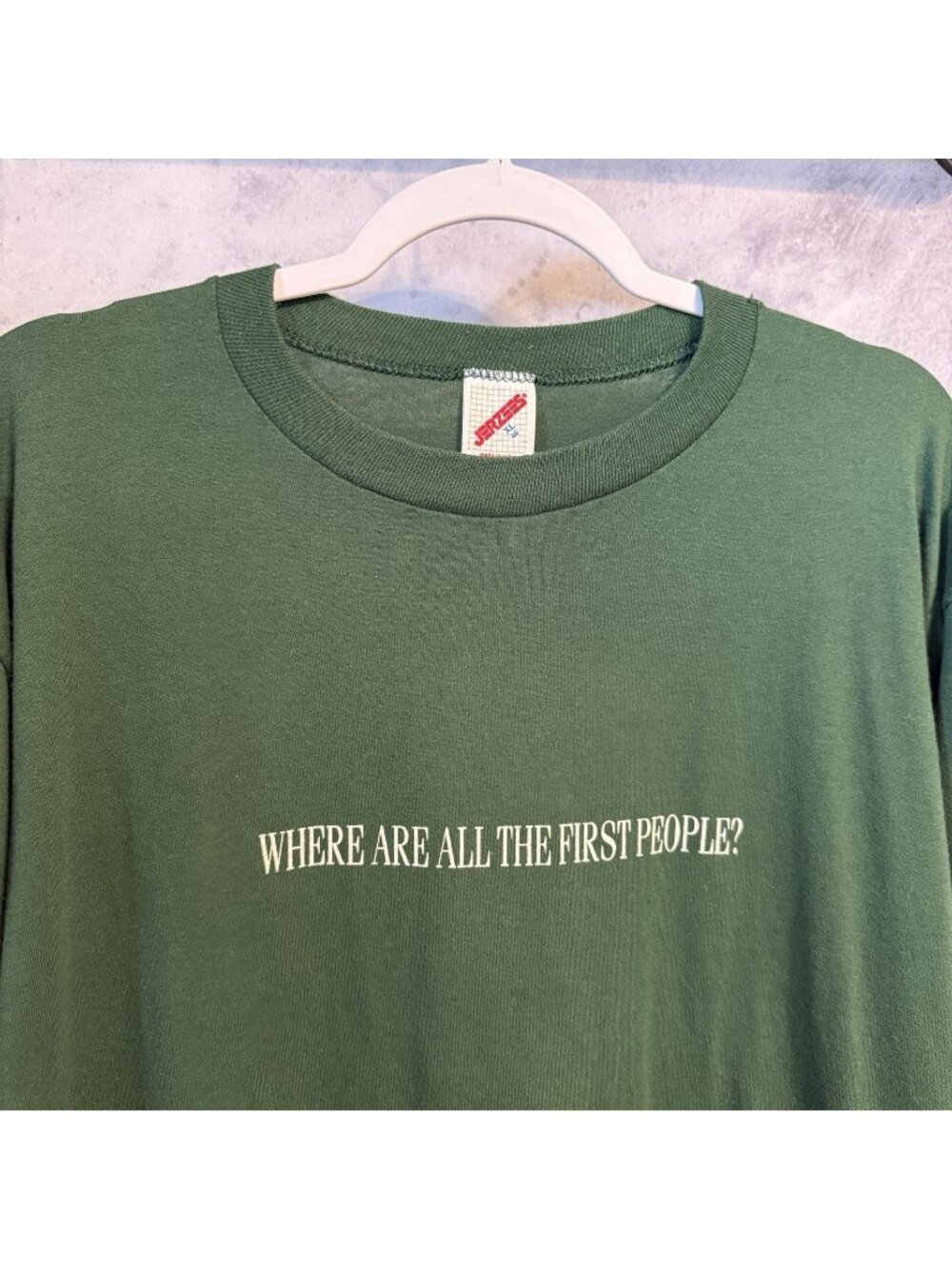 Vintage Where Are All The First People T Shirt Mens XL Green 90s Jerzees USA